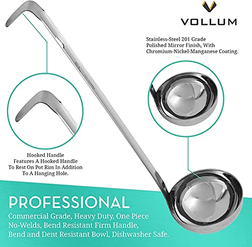 Vollum 1-Piece Ladle Heavy Duty Thick Stainless Steel - 8 Ounce (3.9'' Bowl Diameter, 15.1'' Handle Length)