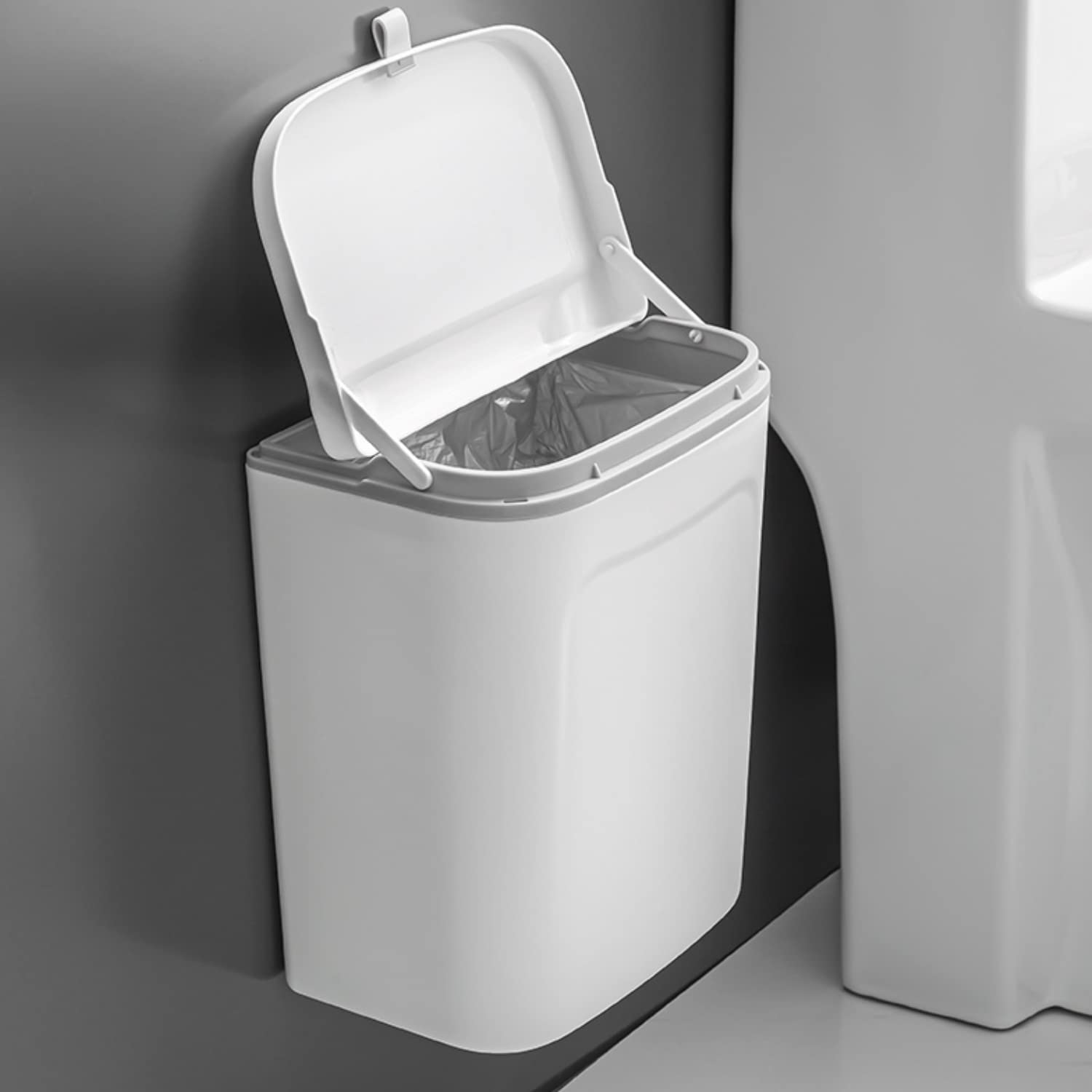 HOKIPO Plastic Hanging/Wall Mounted Dustbin For Bathroom Toilet Kitchen Home Or Office, White, Pack Of 1 (AR3992), OpenTop