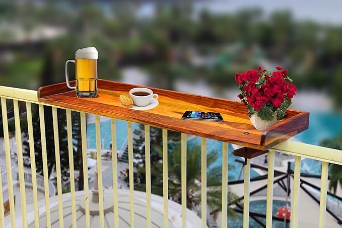 Keeam Decor Sheesham Wood Balcony Railing Tray, Natural Brown, Outdoor Serving Tray, Deck Rail Table