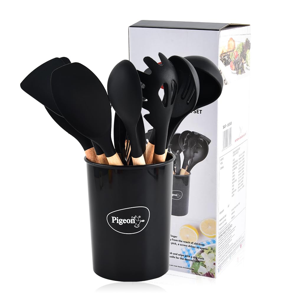Pigeon By Stovekraft Silicone Kitchen Utensils Spoon Spatula Cooking Set 12 Pcs With Wooden Handle|Bpa Free|Heat Resistant Item