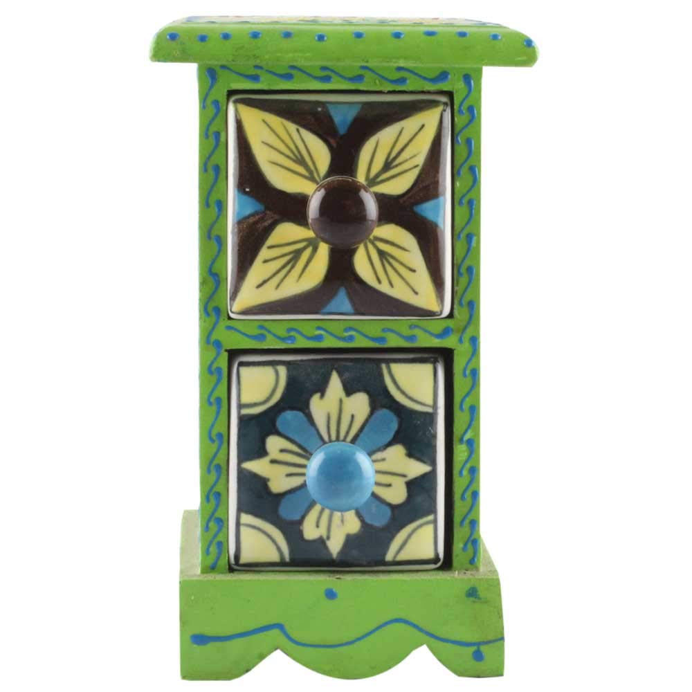 IndianShelf Handmade Vocalforlocal Wooden 2 Vertical Drawers Floral Pattern Spice Box Seasoning Masala Organizer Rack Container
