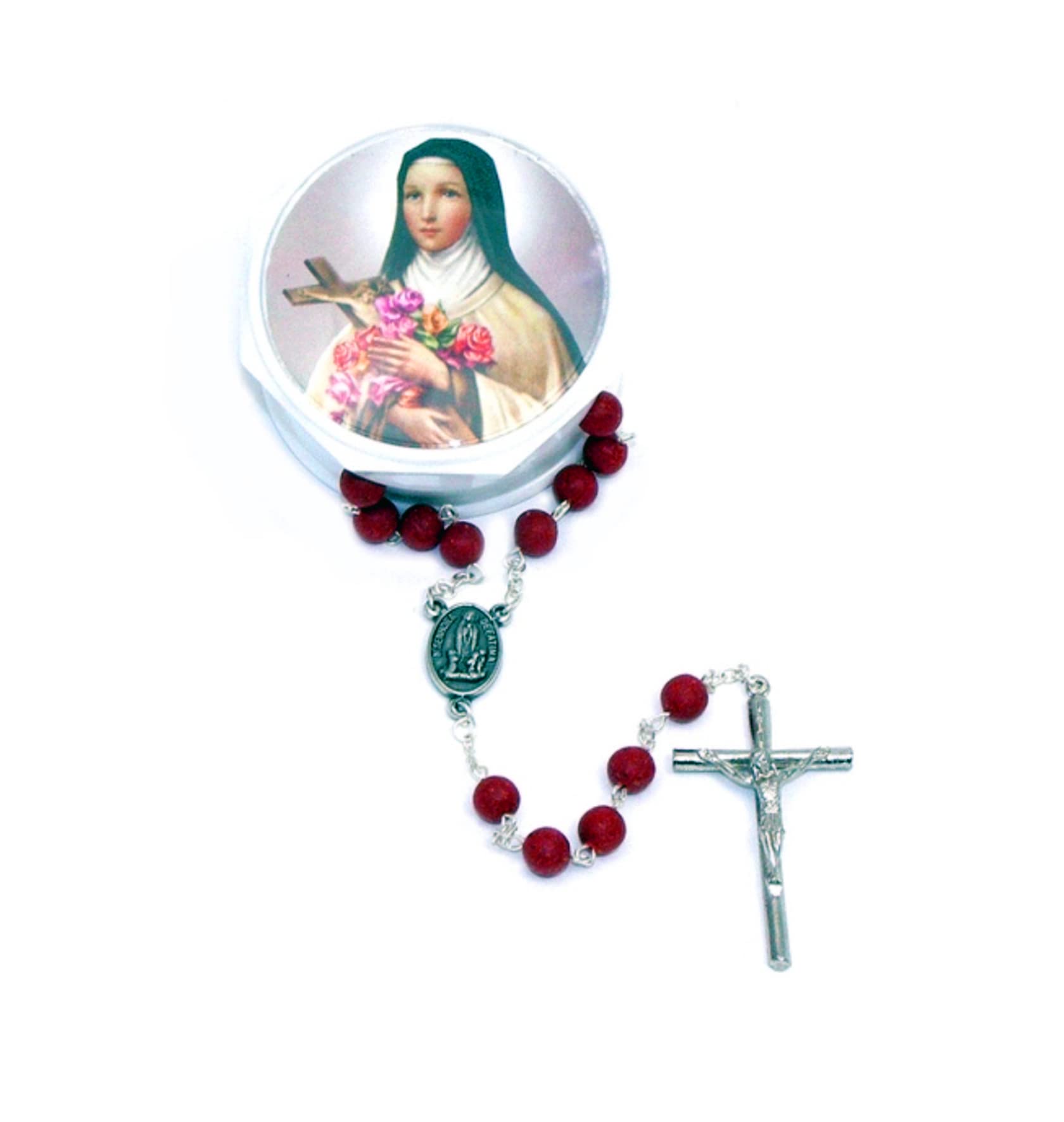 Religious Gifts Rose Scented Carved Wood Prayer Bead 19 Inch Rosary with Saint St Theresa Case