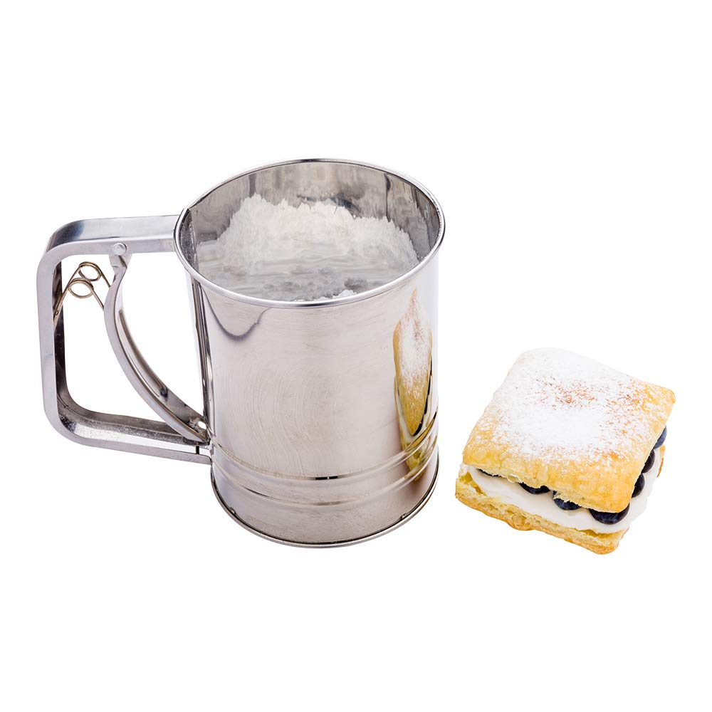 Restaurantware Pastry Tek 2.5 Cup Flour Sifter 1 Corrosion-Tolerant Baking Sifter - Squeeze Handle Triple Mesh Screen Stainless