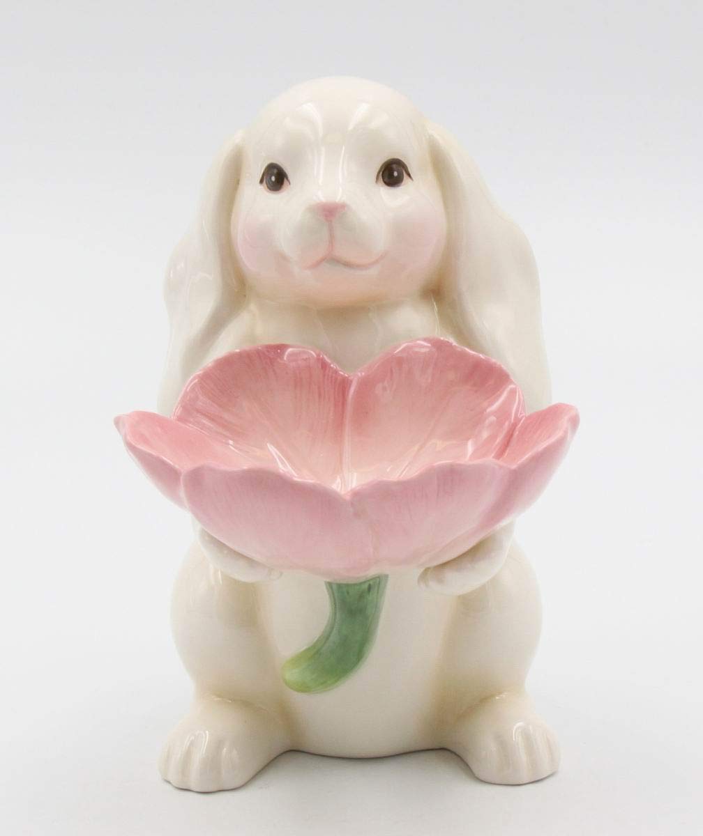 Cosmos Gifts Fine Ceramic Bunny Rabbit Holding Pink Tulip Flowers Candy Candle Plate Figurine, 6-1/4 H