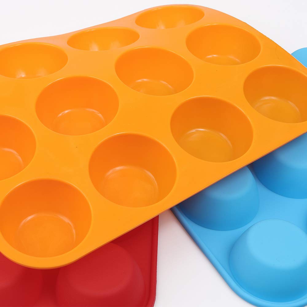 Cozihom Silicone Muffin Pan, Cupcake Pan, 12 Cups, Food Grade Egg Muffin Baking Silicone Molds, Non-Stick, 3 Pcs