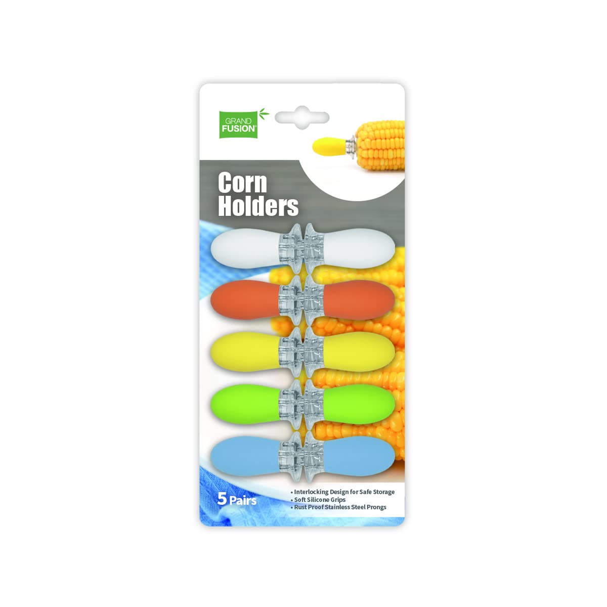 Grand Fusion Super Soft Silicone Gripped Corn Holders, Corn Skewers With Stainless Steel Prongs, Corn On The Cob Holders, Pack O