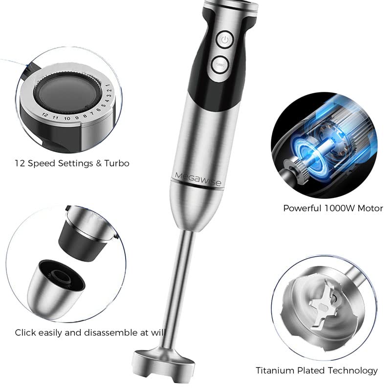 Megawise Pro Titanium Reinforced 3-In-1 Immersion Hand Blender, Powerful Copper Motor With 80% Sharper Blades, 12-Speed Corded B