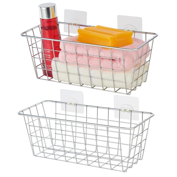 Junchu Cherry 2 Pack Hanging Storage Basket, Bathroom Basket, Household Goods Storage Basket, With Traceless Tape, No Drilling,