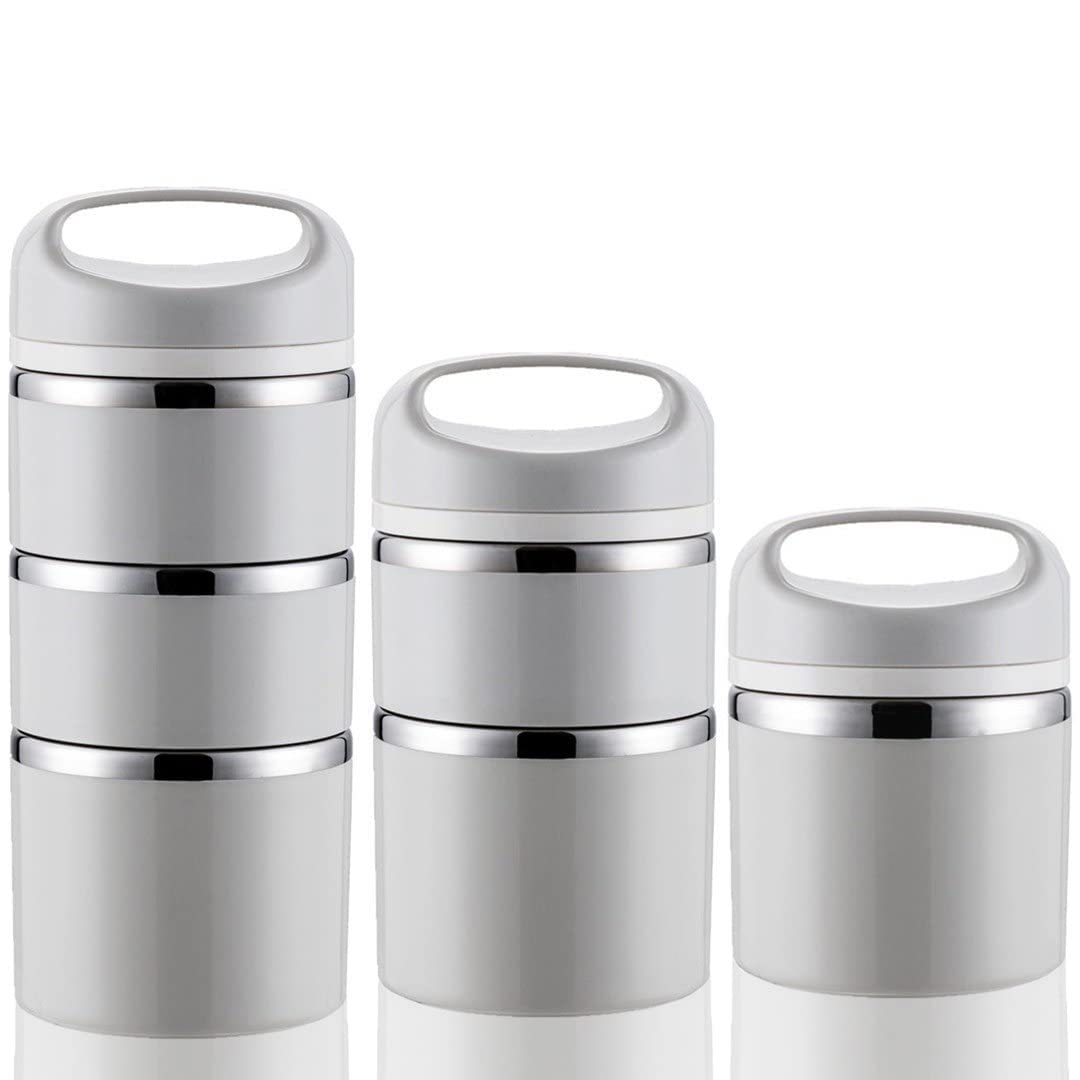 Lille Home Stackable Stainless Steel 3-Tier Lunch Box, 43OZ, Gray with Bag, Insulated Bento Container