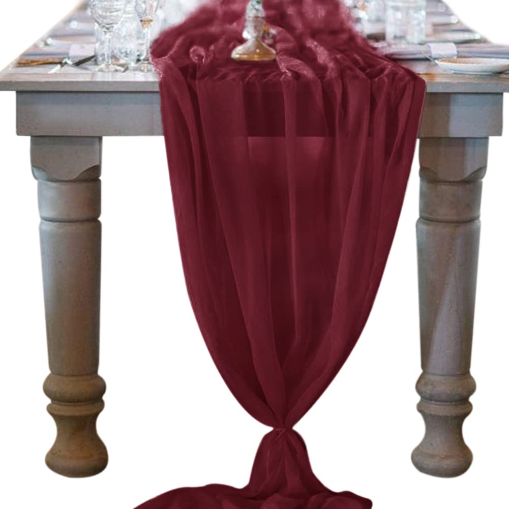 Socomi 10Ft Burgundy Chiffon Table Runner 29X120 Inches Wedding Runner Sheer Thanksgiving Christmas Bridal Shower Decorations