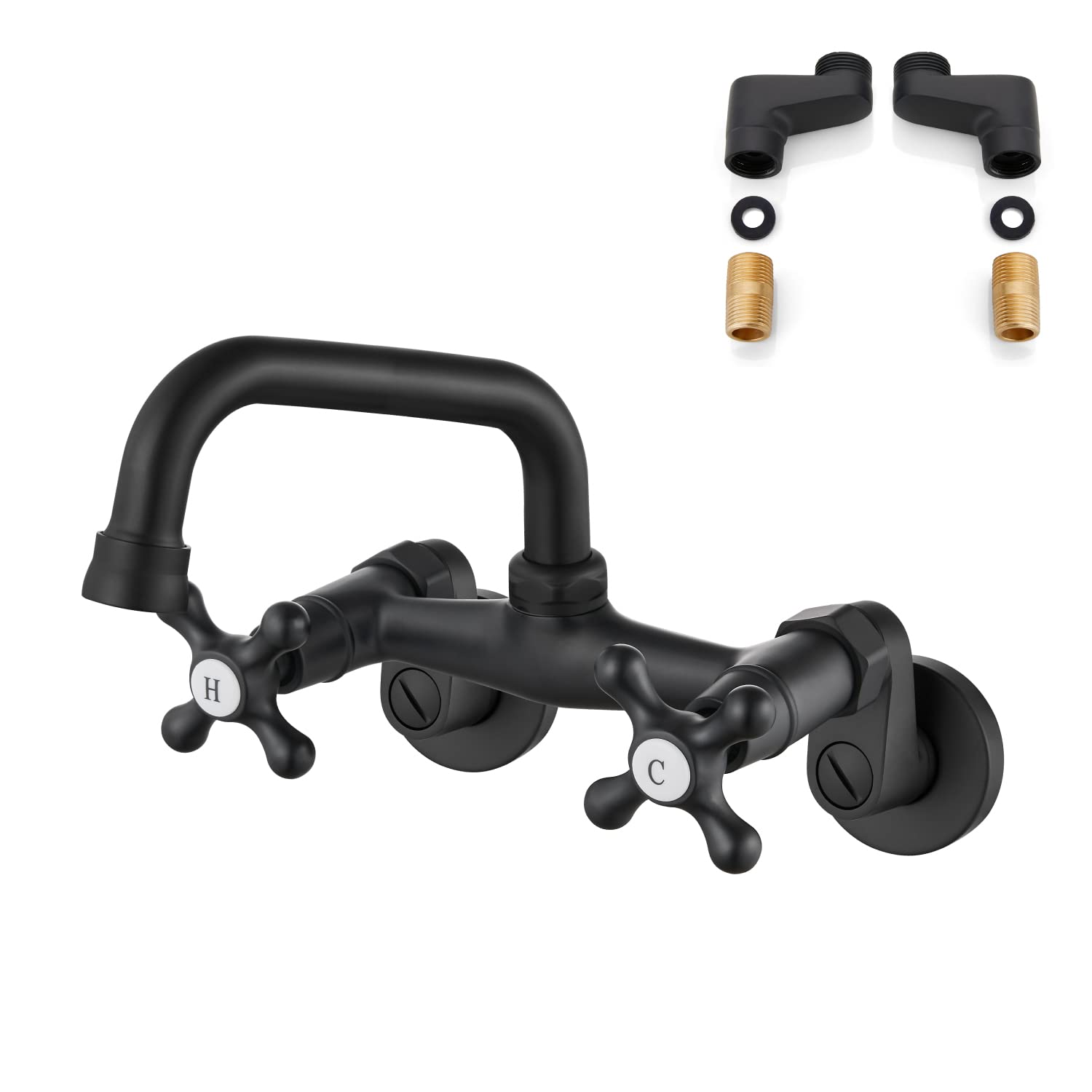 Airuida Matte Black Wall Mount Kitchen Faucet, 6 Inch(15Cm) Spout Wall Mount Laundry Sink Faucet, Adjustable Center Double Handl