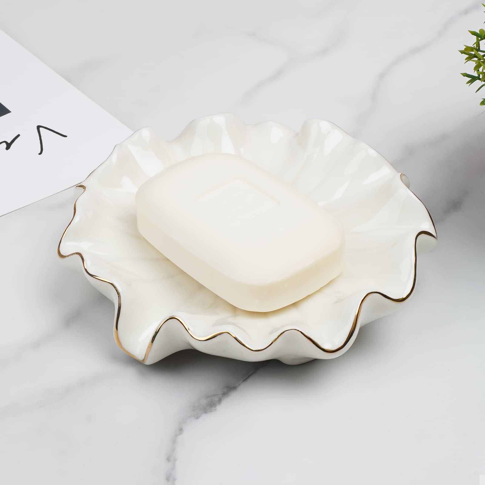 Ceramic Self Draining Soap Dish White Lotus Leaf Soap Holder Waterfall Soap Dish Soap Savers for Bar Soap  for Bathroom  for Shower  for Bar Counter
