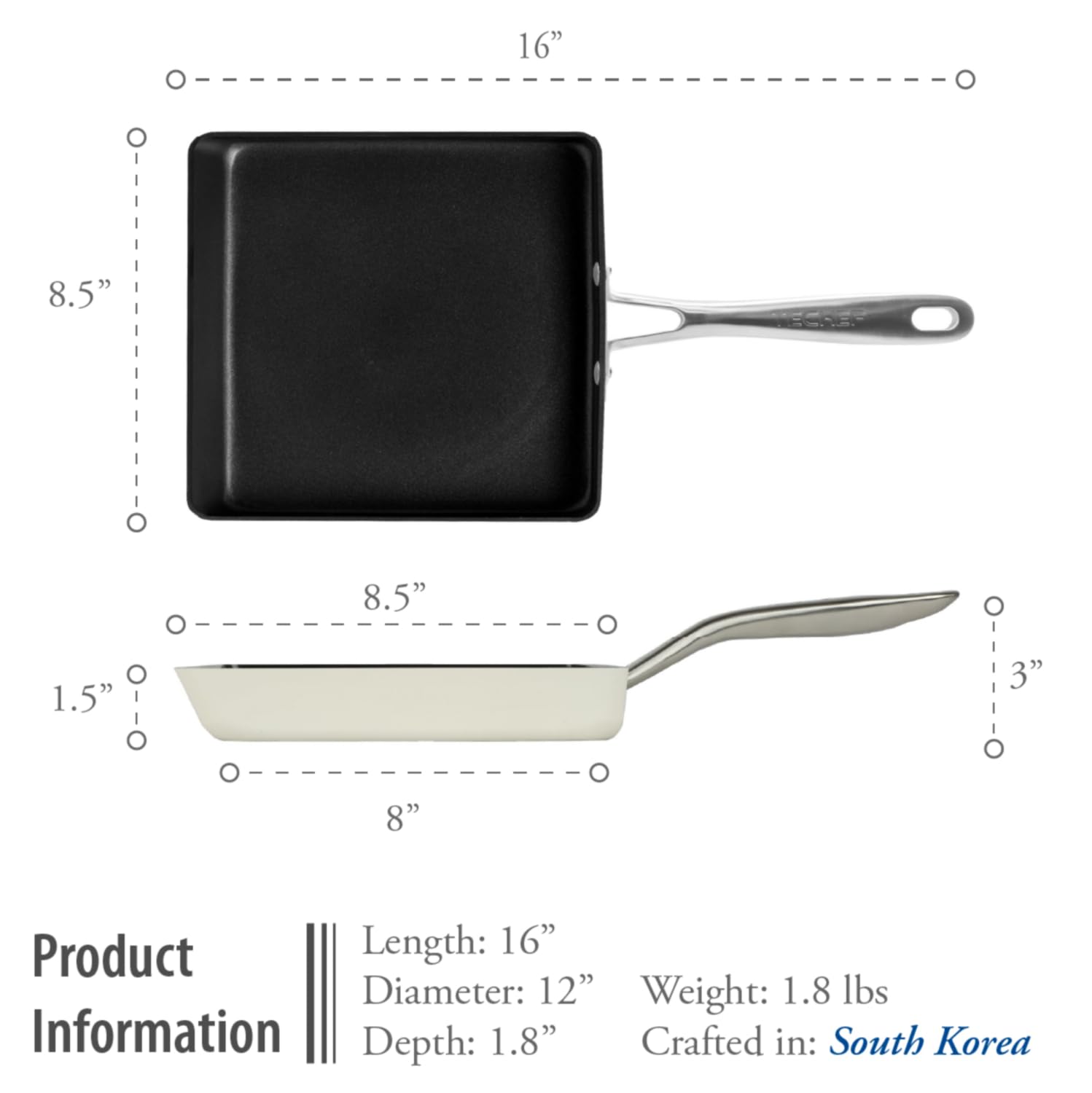 ValenCera Ceramic Nonstick Egg Frying Pan, Square, White, Nontoxic, Model VCEPL, Made in Korea
