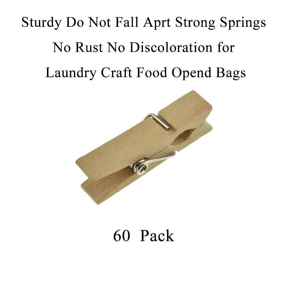 Hahiyo Wooden Clothes Pins Clothespins Small Do Not Fall Apart 1.38 Inches Length 60 Pack Sturdy Strong Springs No Rust No Disco