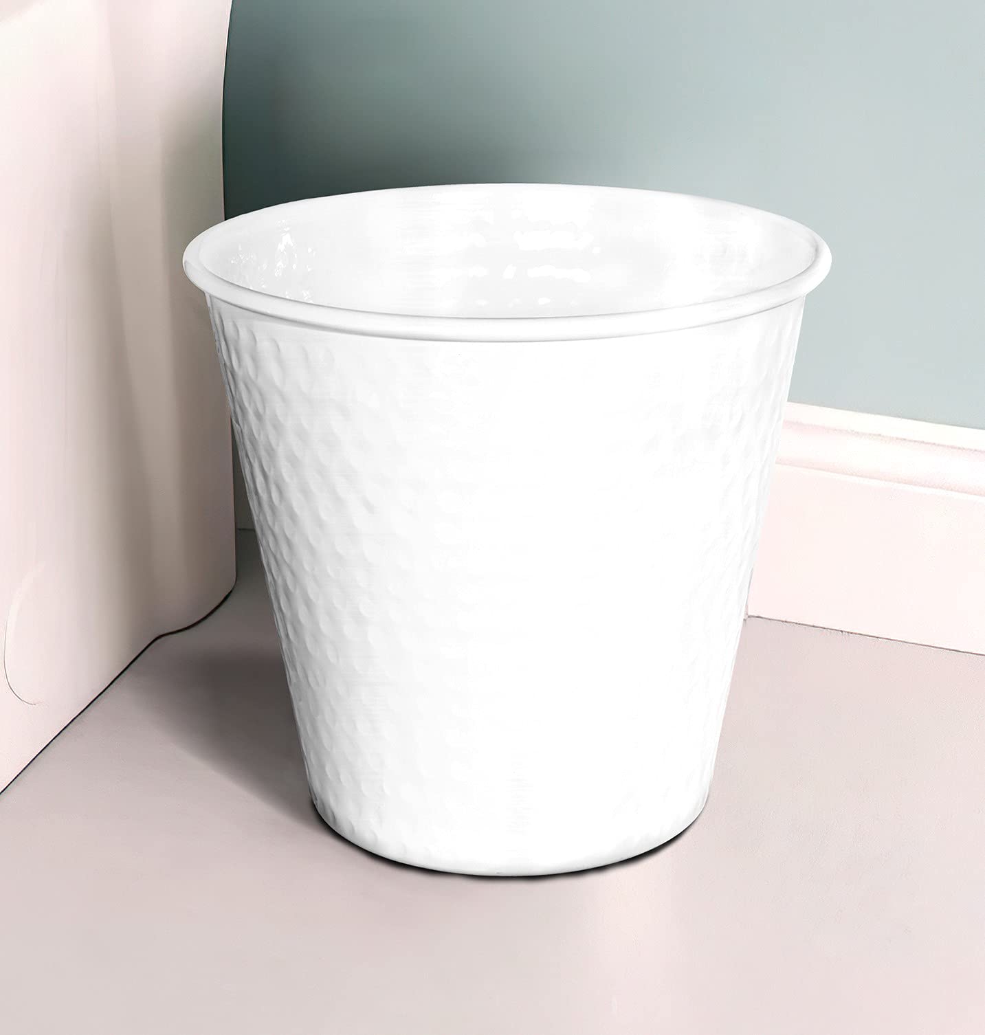 Monarch Abode Metal Wastebasket Trash Can, Hand Hammered, Bathroom Decor, White