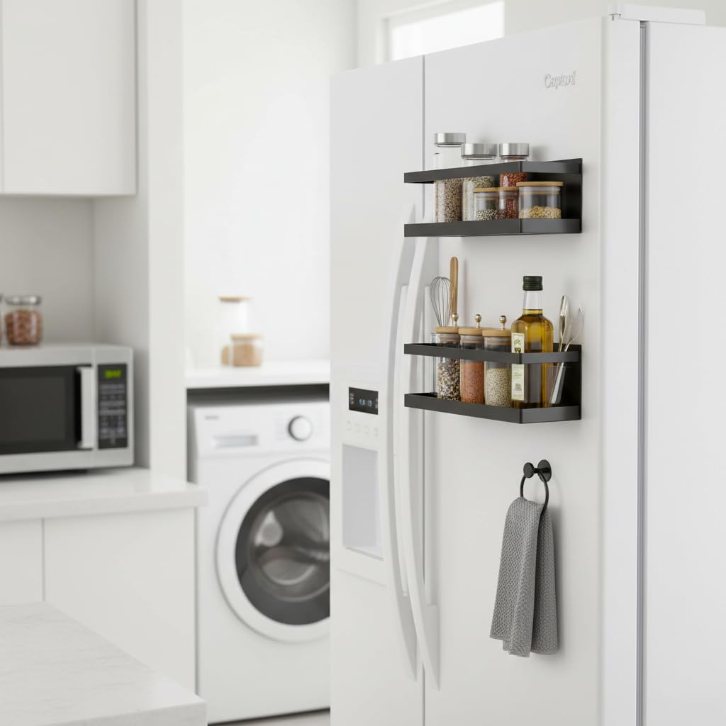 Hakily Magnetic Spice Rack For Fridge Side Storage  Metal Shelves For Washing Machine, Microwave Oven, Fridge Magnet Spice Rack