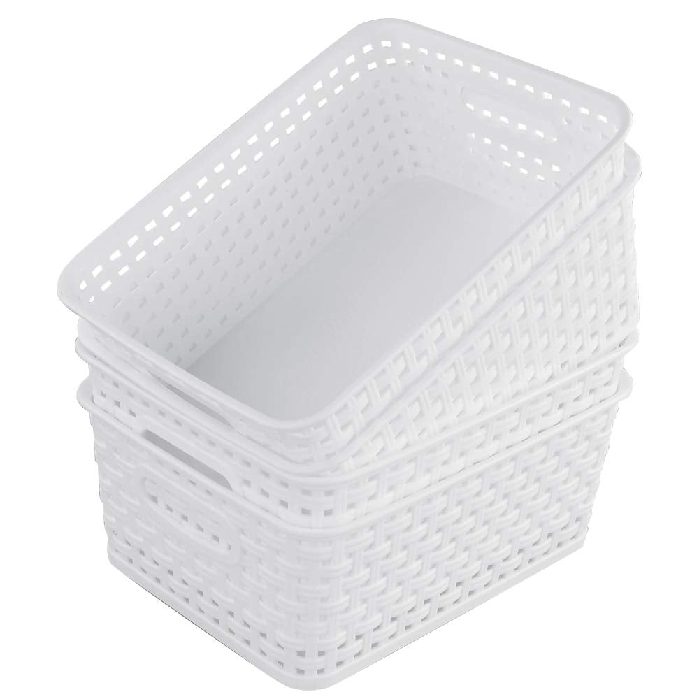 Cand 4 Packs Plastic Weave Storage Basket, 10.08'' X 7.67'' X 4.05'', White