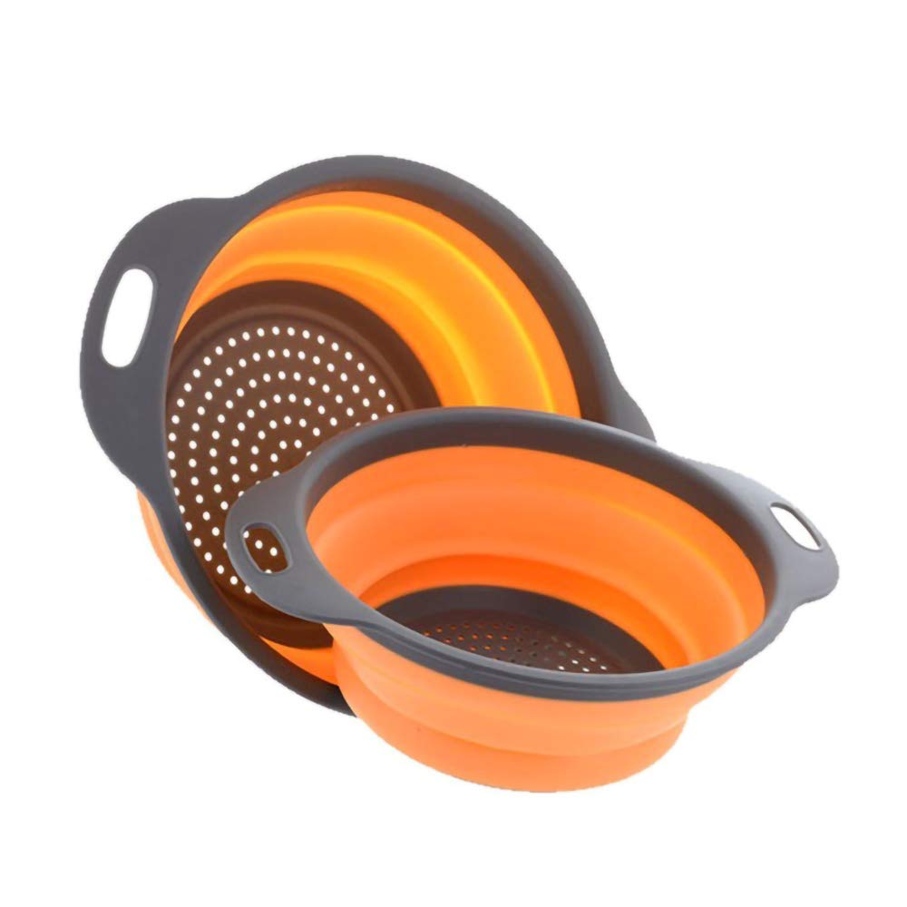 Ainaan 2Pcs Silica Gel Folding Drainage Basket, Vegetable Wash Basin, Foldable Fruit Dish (Orange)