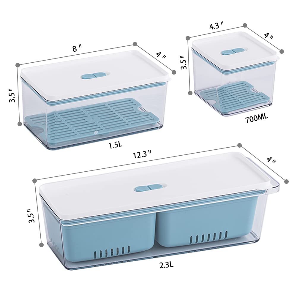 Lille Home Stackable Produce Saver, Organizer Bins/Storage Containers With Removable Drain Tray, Set Of 3, For Refrigerators, Ca