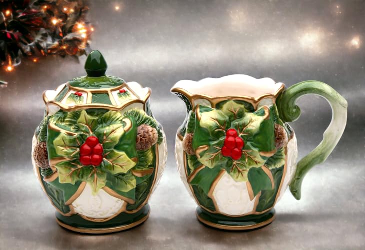 Cosmos Gifts 10303 Fine Ceramic Emerald Green Holiday Holly With Red Berry And Pine Cone Sugar And Creamer Set, 4 3/8'' H