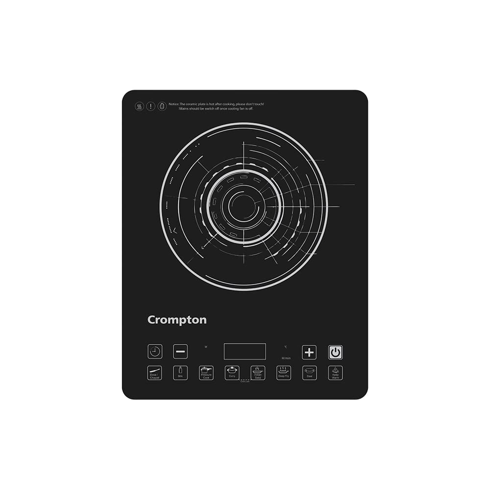 Crompton Instaserve 2100 W Induction Cooktop With 12 Feather Touch Buttons | 8 One Touch Cook Menus |Slim Body | Overvoltage Shi
