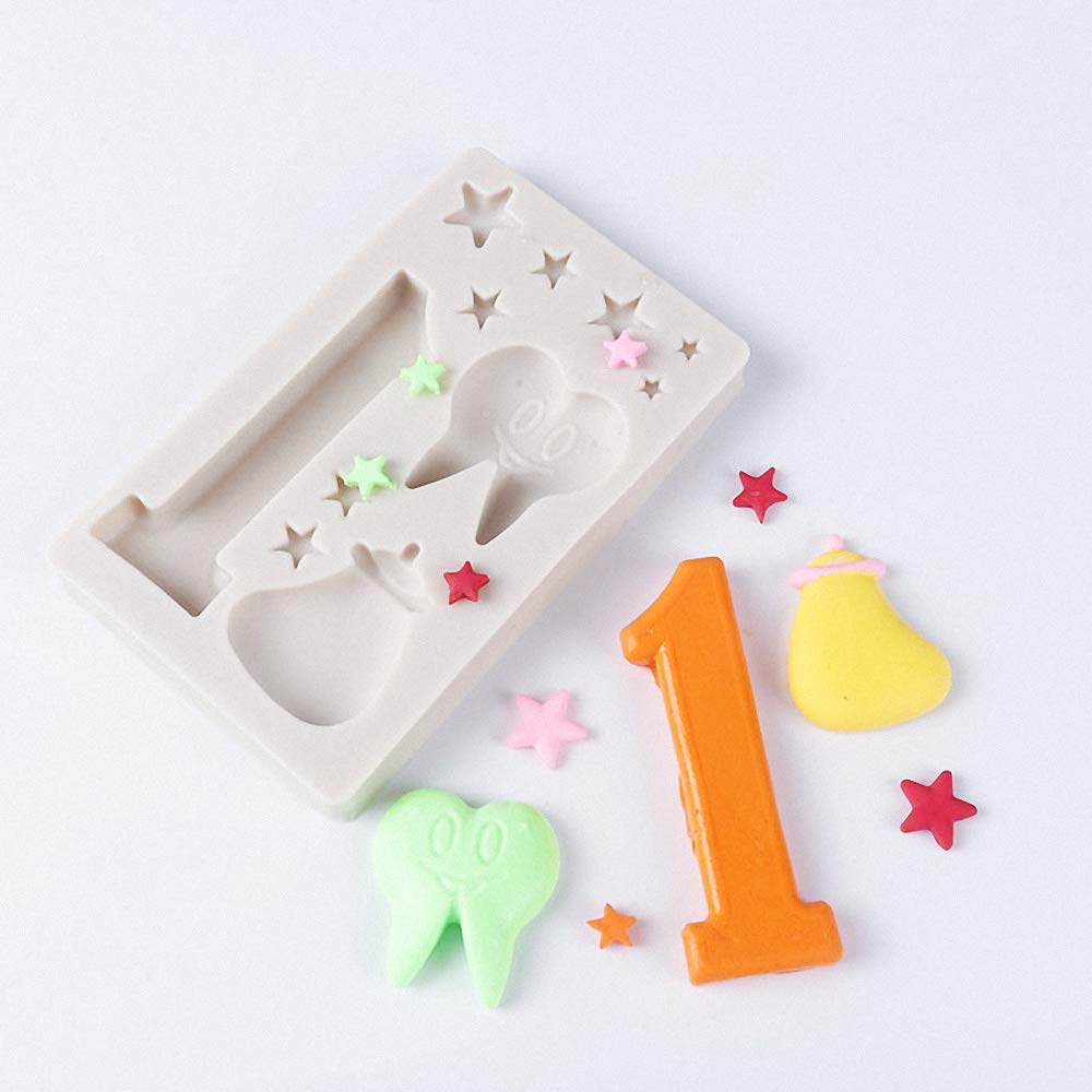 2Pcs/Set 1St Birthday Silicone Fondant Molds, Number 1 & Baby Tooth Chocolate Candy Sugar Craft Mold Happy Birthday Handmade Can