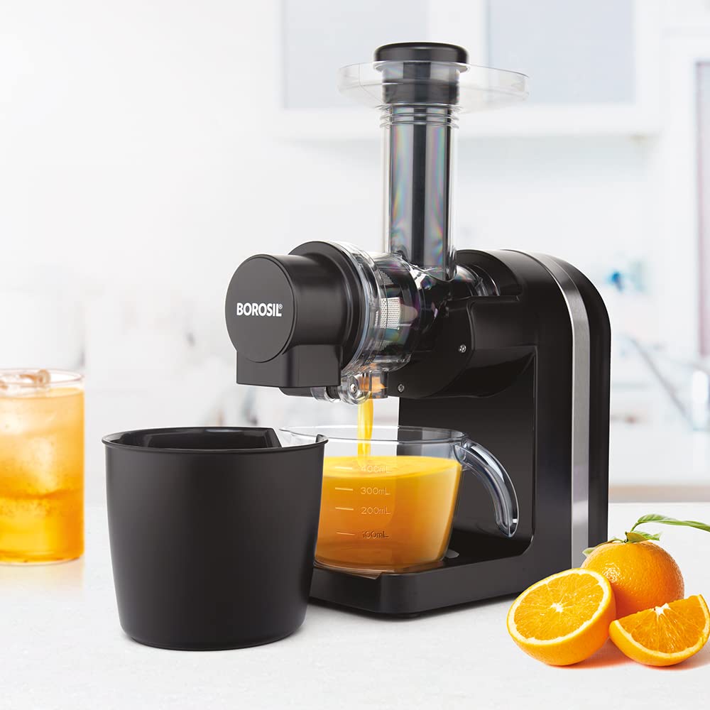Borosil Nutririch 200W Cold Press Slow Juicer | 800Ml Pulp Collector With 400Ml Juice Container | Portable Juicer For Maximum Ju