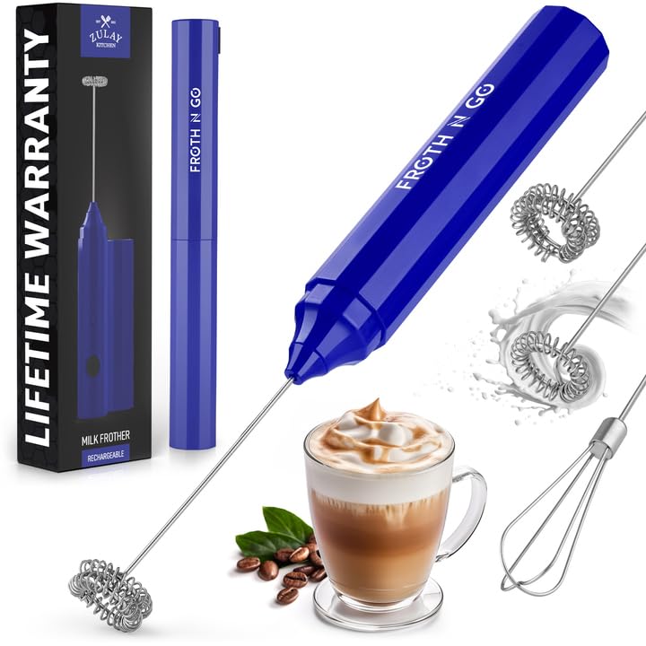 Zulay Froth N Go Milk Frother Rechargeable - 3-In-1 Frother Wand With Case & Usb-C Charger - Comes With 3 Whisk Attachments For