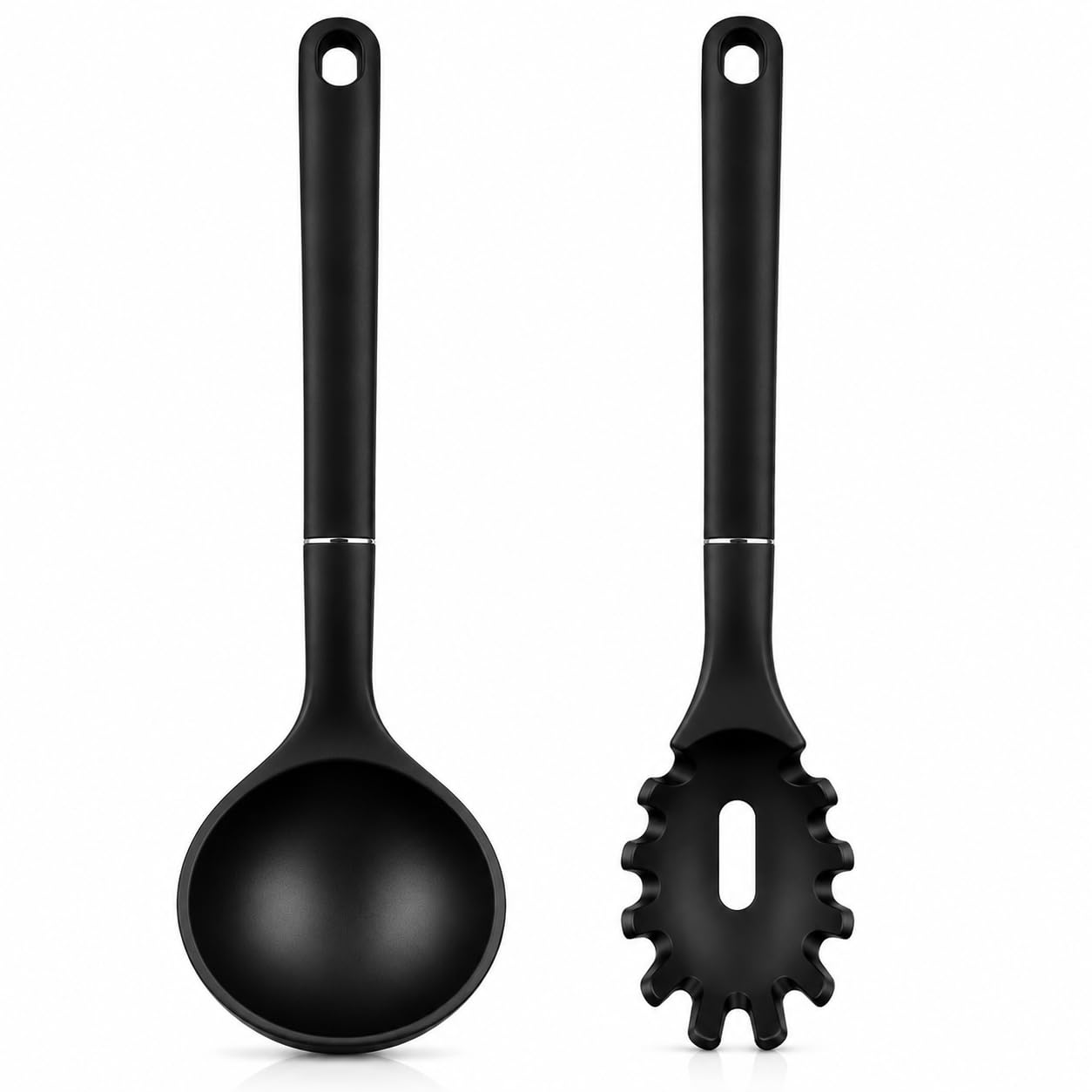 Collfa Silicone Soup Ladle and Pasta Spoon Cooking Serving Set,Black,2 Pack