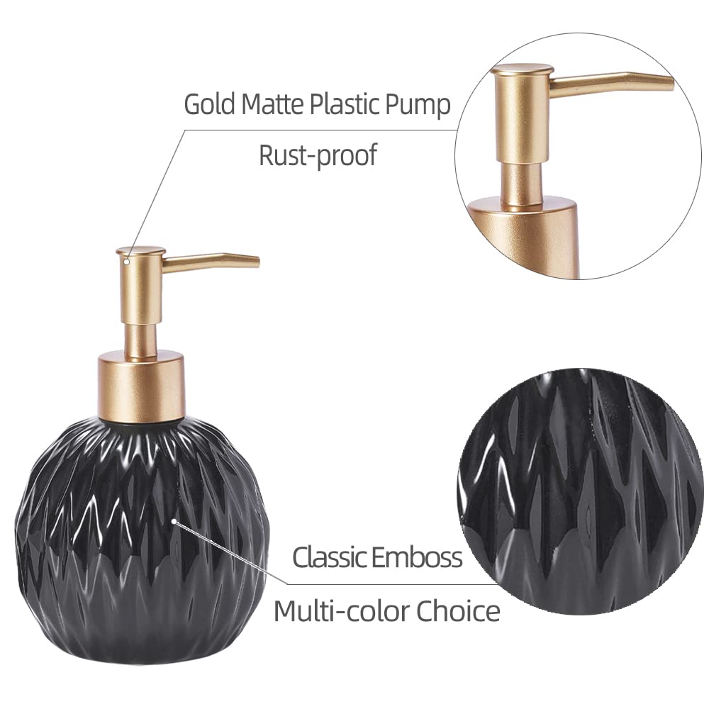 Ceramics Gold Soap Dispenser For Bathroom, Round Soap Dispenser With Delicate Embossed Rhombus Design (Dark Green)
