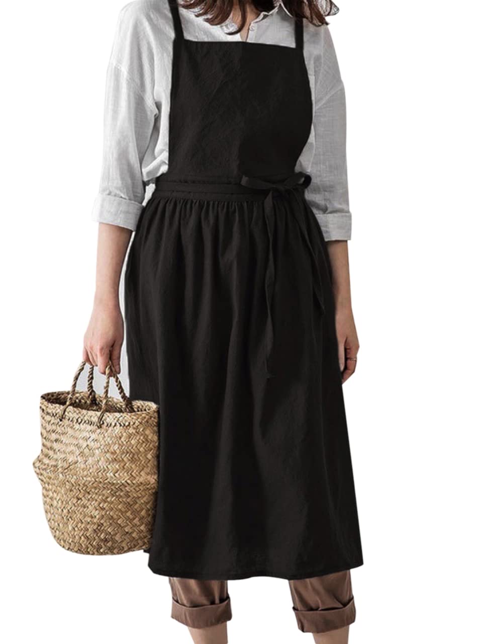 Cute Retro Cotton Linen X-Back Aprons Home Kitchen Garden Art Painting Pinafore Florist Shop Overalls (Black, 42L)