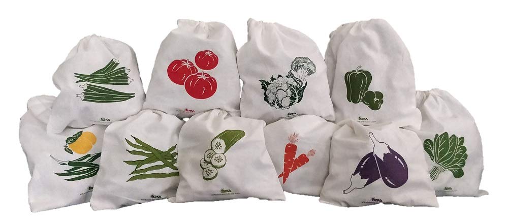 Arka Home Products 100% Cotton Vegetable Storage Fridge Drawstring Bags (Set Of 10) EcoFriendly, NonToxic, Washable, Reusable,