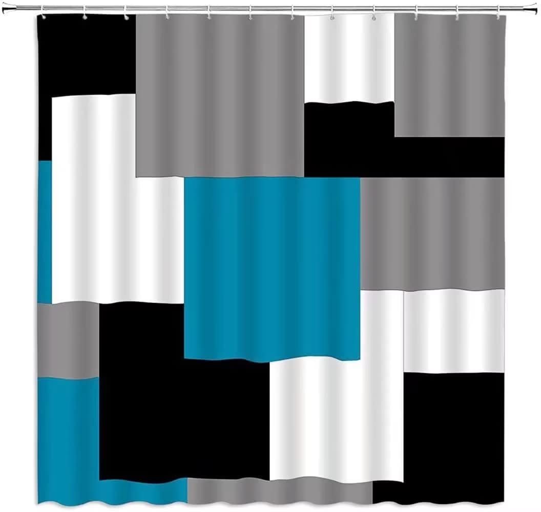 Yizheer Geometric Blue Shower Curtain Sets with Non-Slip Rugs Toilet Lid Cover and Bath Mat  Black and Gray Bathroom Decor Set Accessories Waterproof Shower Curtains