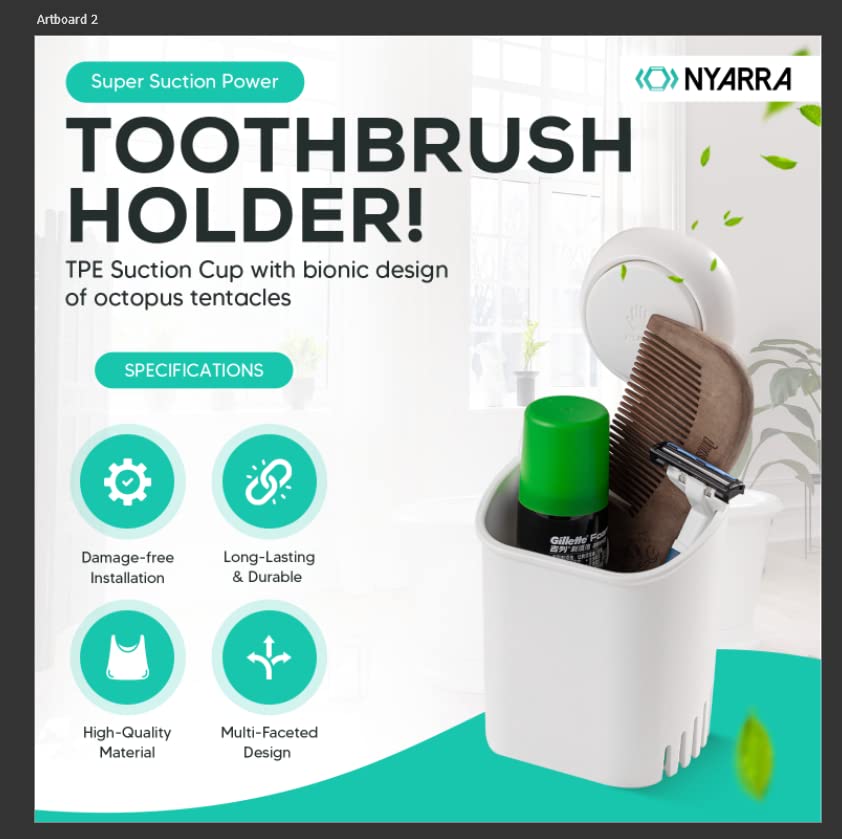 Nyarra Toothbrush Holder For Bathroom, Easy One Push Wall Mount With Powerful Vacuum Suction Cup, Multifunctional Organizer Whit