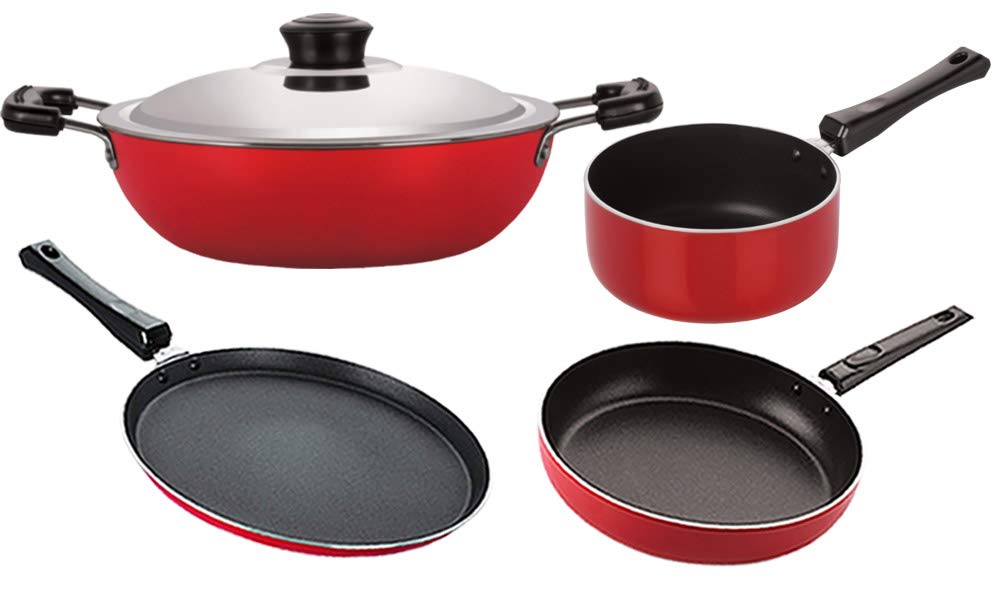 Nirlon Non Stick Cookware Pots & Pan Combo Set Of 4 Pieces With Bakelite Handle (2.6Mm_Ft11_Dkd(B)_Sp(M)_Fp12)
