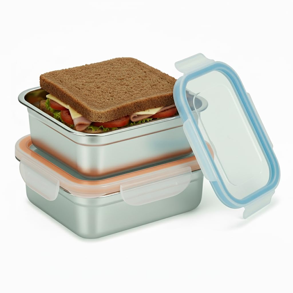 SnapMate - Set of 2 Stainless Steel Sandwich Containers - Food Grade Metal Base, BPA Free Leakproof & Airtight Silicone Seal Lid