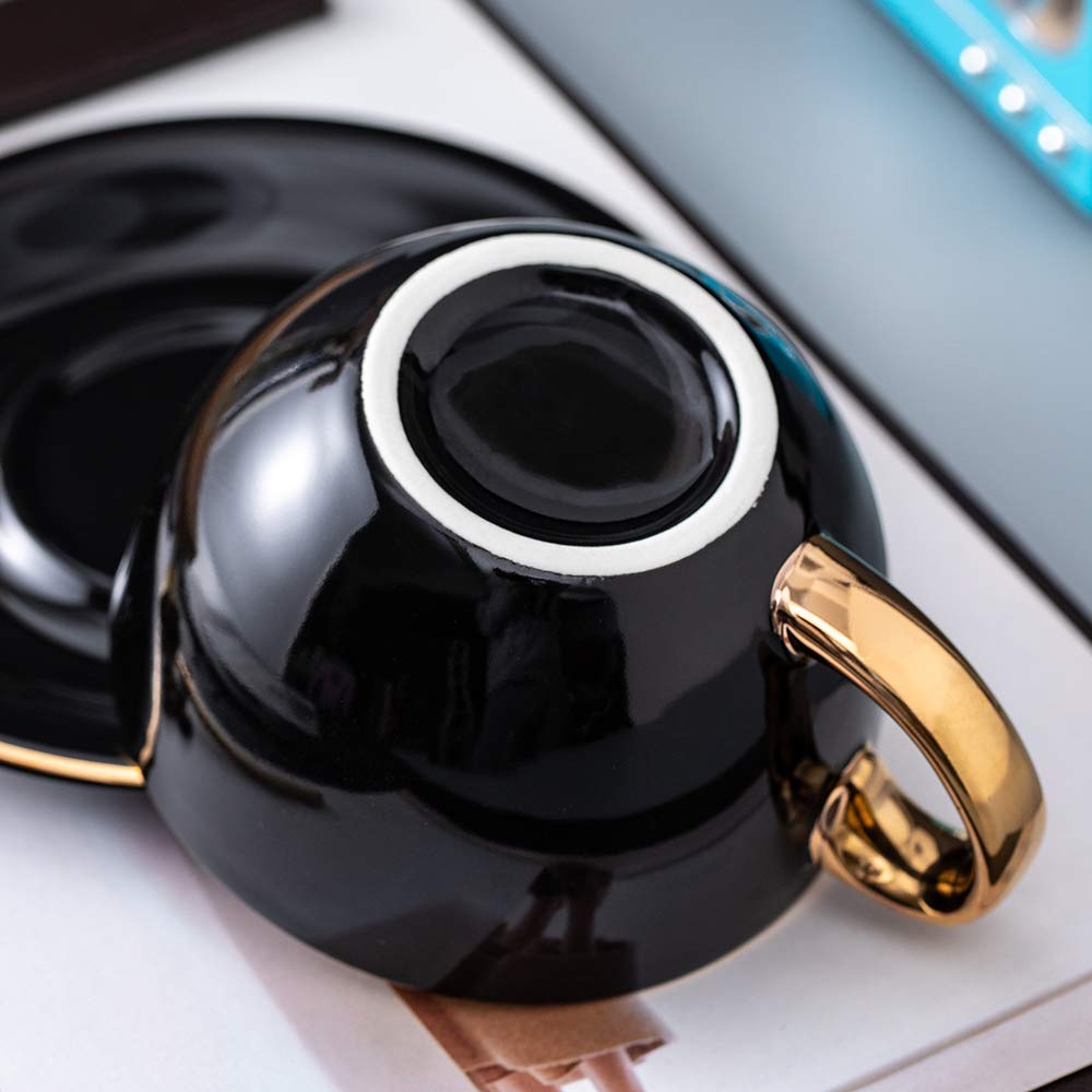 Coffeezone Luxury Gold 10 Oz Ceramic Latte Art Cappuccino Barista Cup With Saucer (Cool Black)