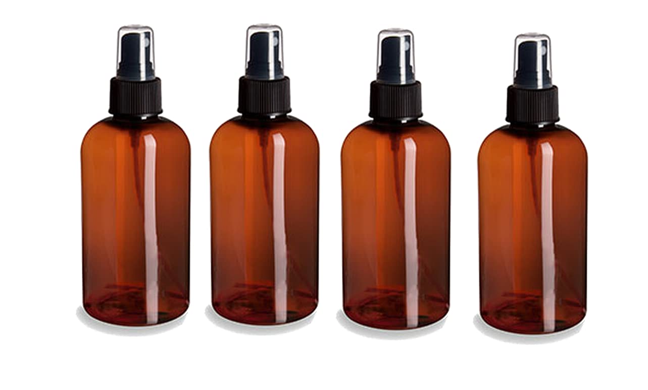 Natural Farms 4 Pack  4 oz Empty Squeeze Plastic Bottle  Amber Boston with Black Spray Atomizer  for Essential Oils, Perfumes