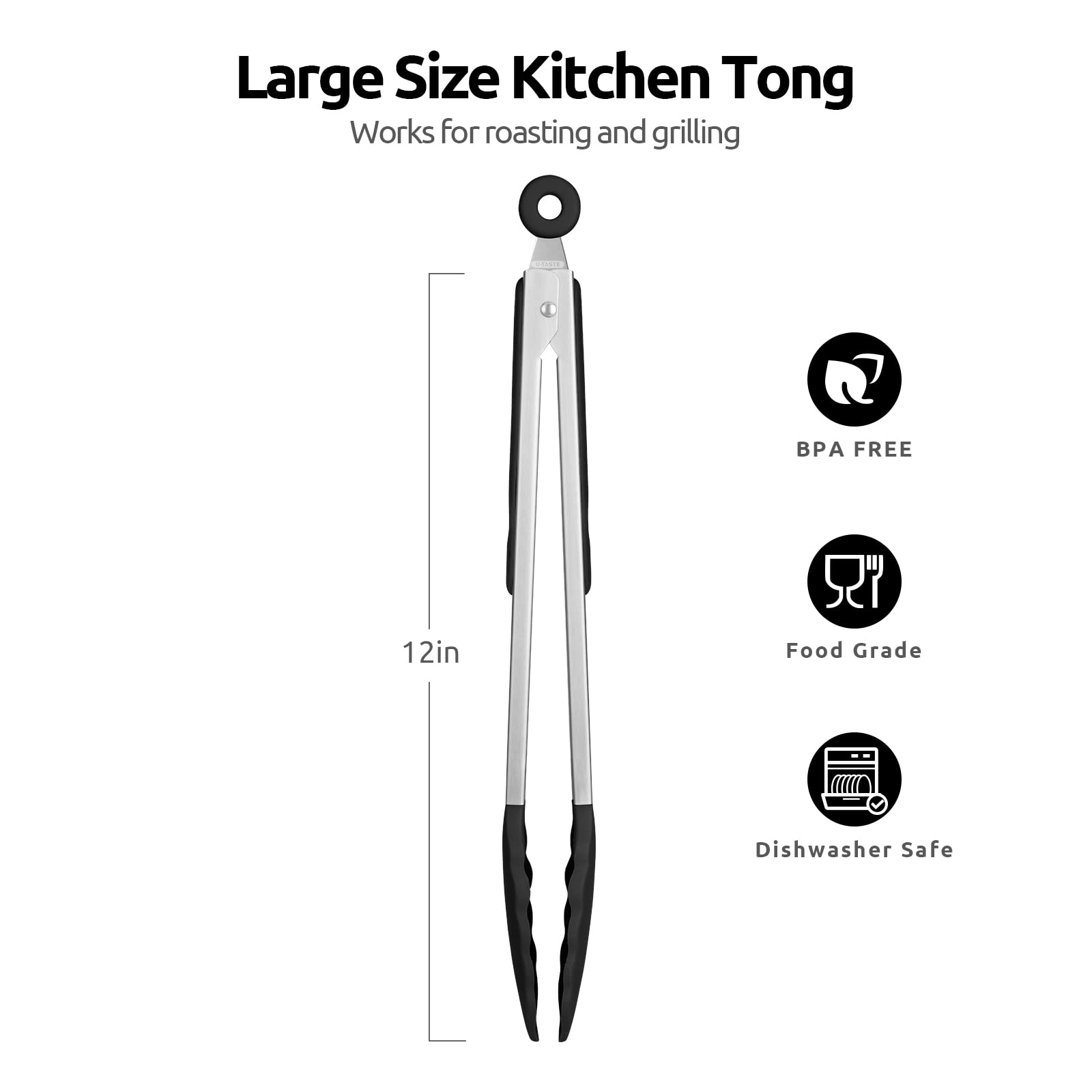600F Heat Resistant Kitchen Tongs: U-Taste 12 Inch Large Silicone Cooking Tong With Sturdy Non Stick Rubber Tips & Silicon Coate