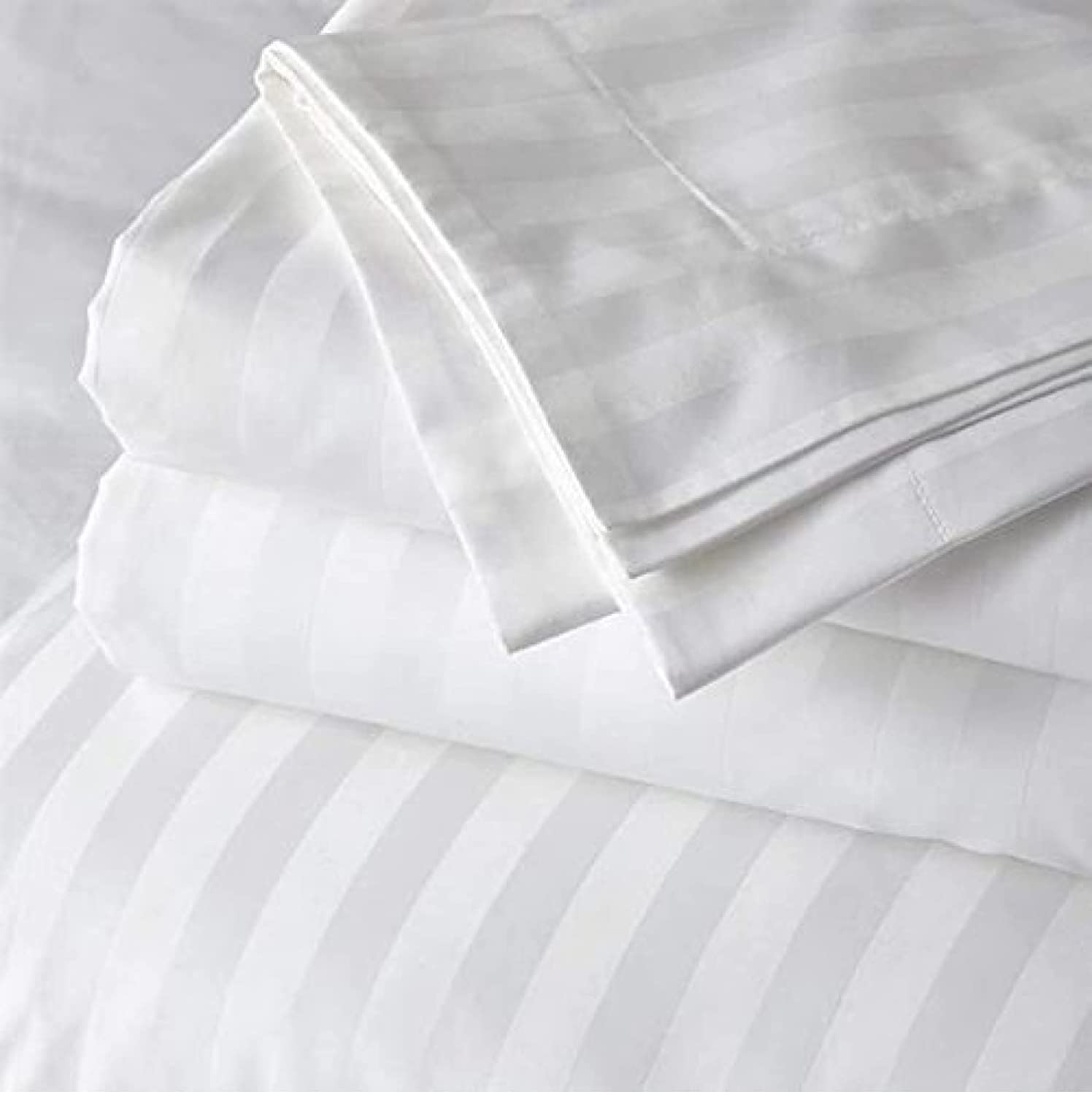 Cool Dealzz White Double Bed Striped Bedsheet 400 Tc Cotton Satin Plain For Queen Size With Two Pillow Covers For Home-Hotels-Gu