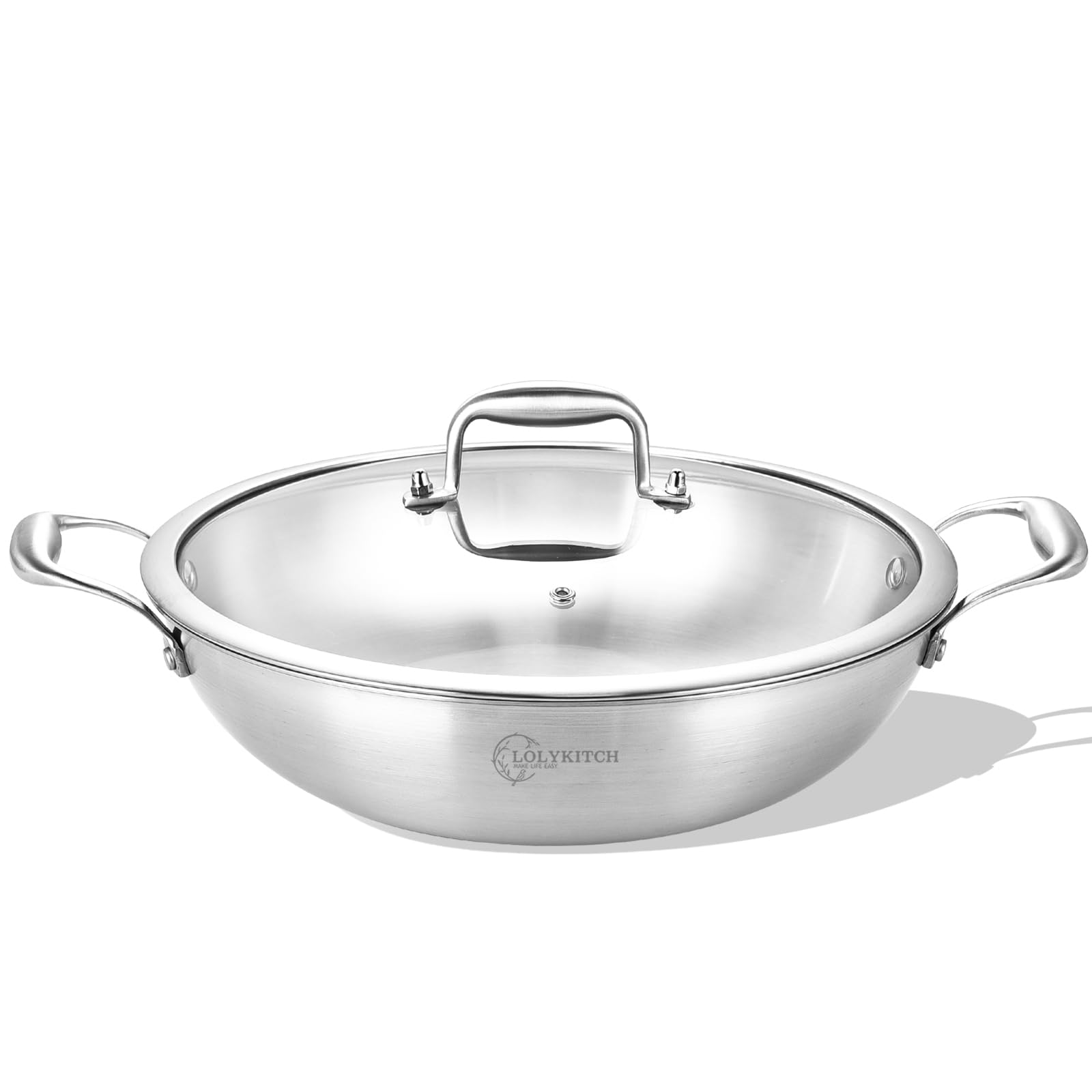 Lolykitch 12 Inch Tri-Ply Stainless Steel Wok Pan With Lid,5 Qt Deep Stir-Fry Pan,Jumbo Cooker,Induction Cooking Pan,Heavy Duty,