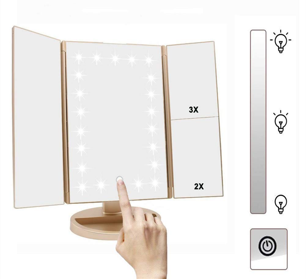 Infitrans 3 Folds Lighted Vanity Makeup Mirror,1X/2X/3X Magnification, 21 Led Light Bright Table Mirror With Touch Screen,180 Ad
