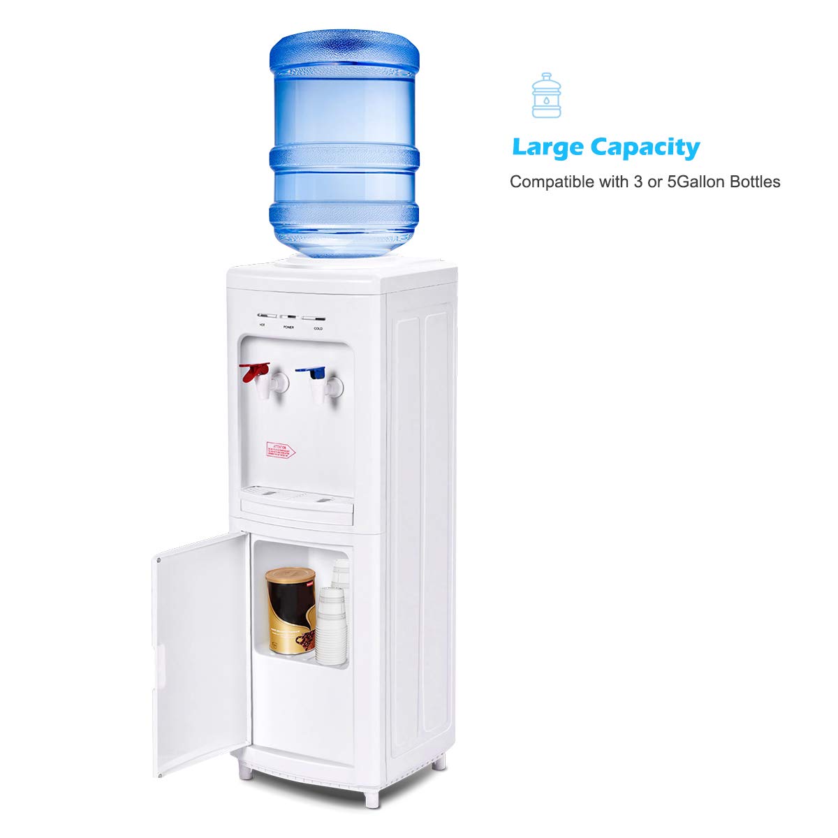 Costway Water Cooler Dispenser For 3-5 Gallon Bottle, Top Loading Hot And Cold Water Dispenser With Storage Cabinet, Child Lock,