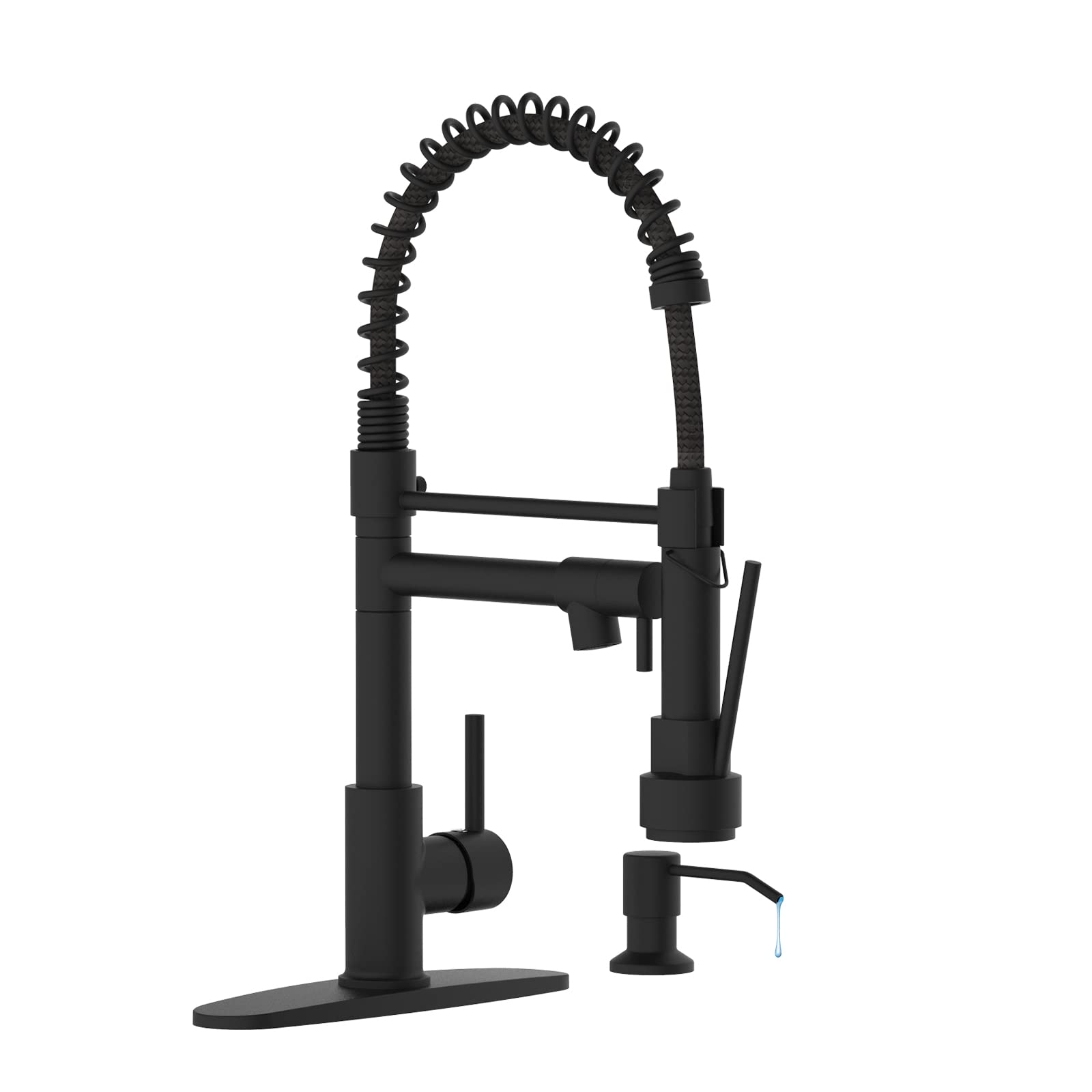 Casavilla Kitchen Faucet with Soap Dispenser, Single Handle Spring Kitchen Sink Faucets with Pull Down Sprayer and Deck Plate,Bl