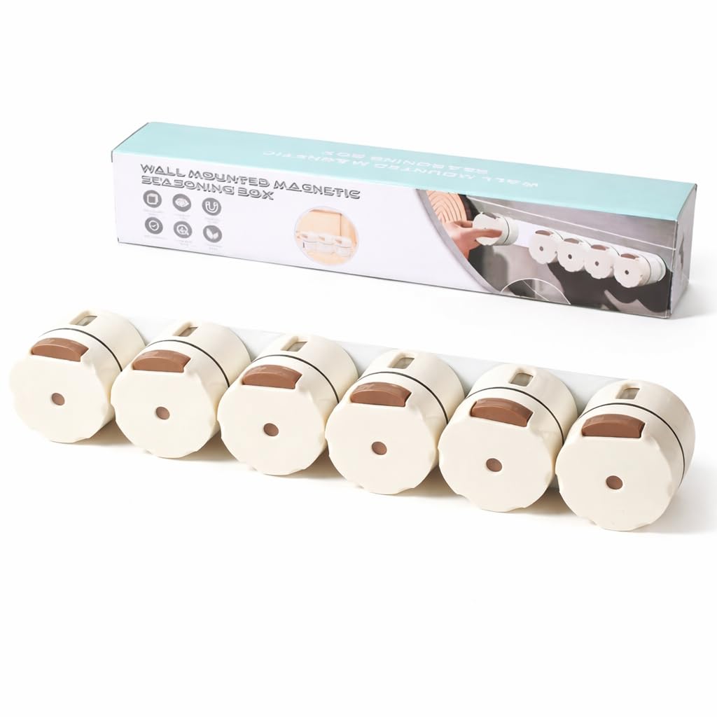 Aavrix WallMounted Magnetic Spice Rack, 6 Rotating Containers, White, Abs Material, Minimalist Modern Style, SpaceSaving Kitch