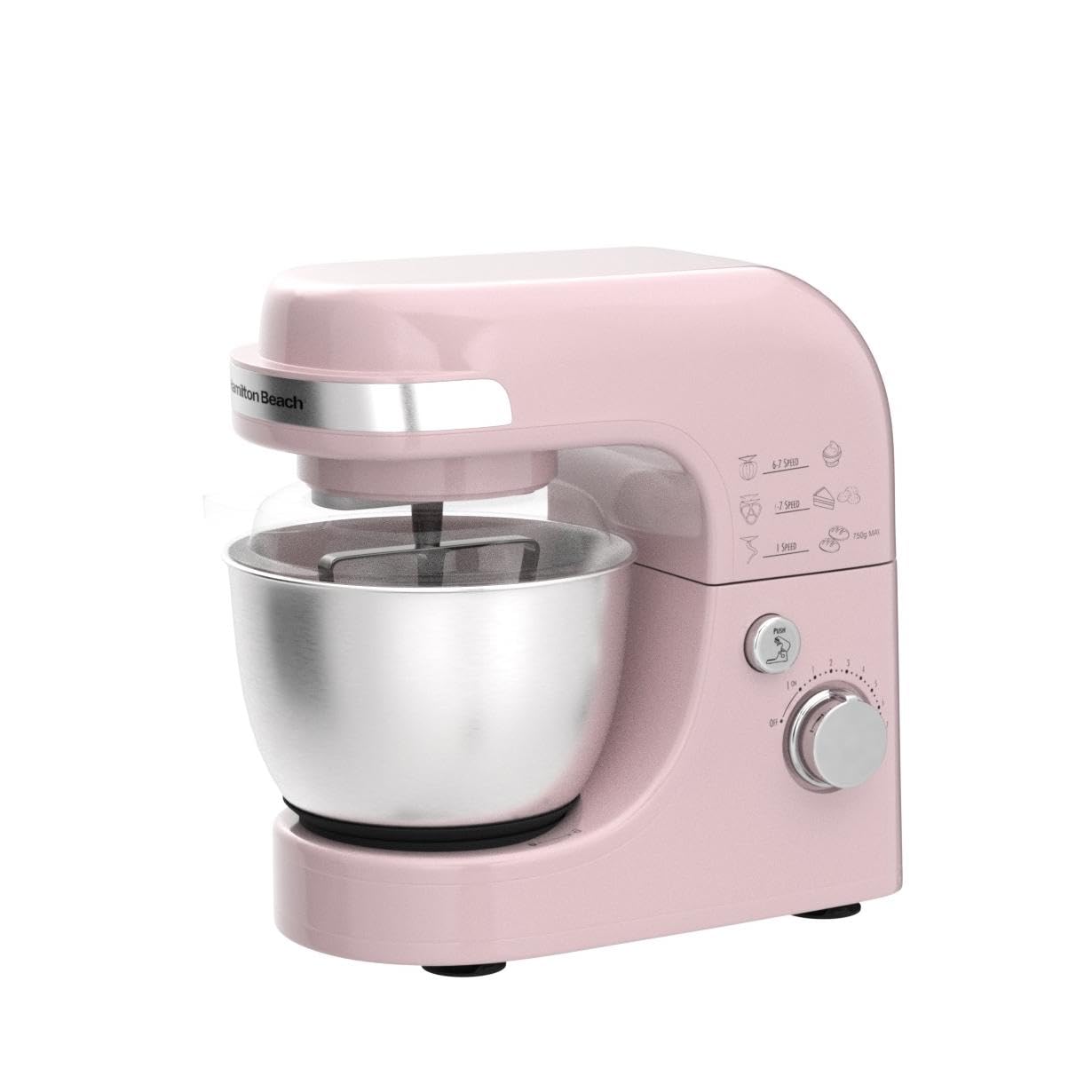 Hamilton Beach Electric Stand Mixer, 4 Quarts, Dough Hook, Flat Beater Attachments, Splash Guard 7 Speeds With Whisk, Rose