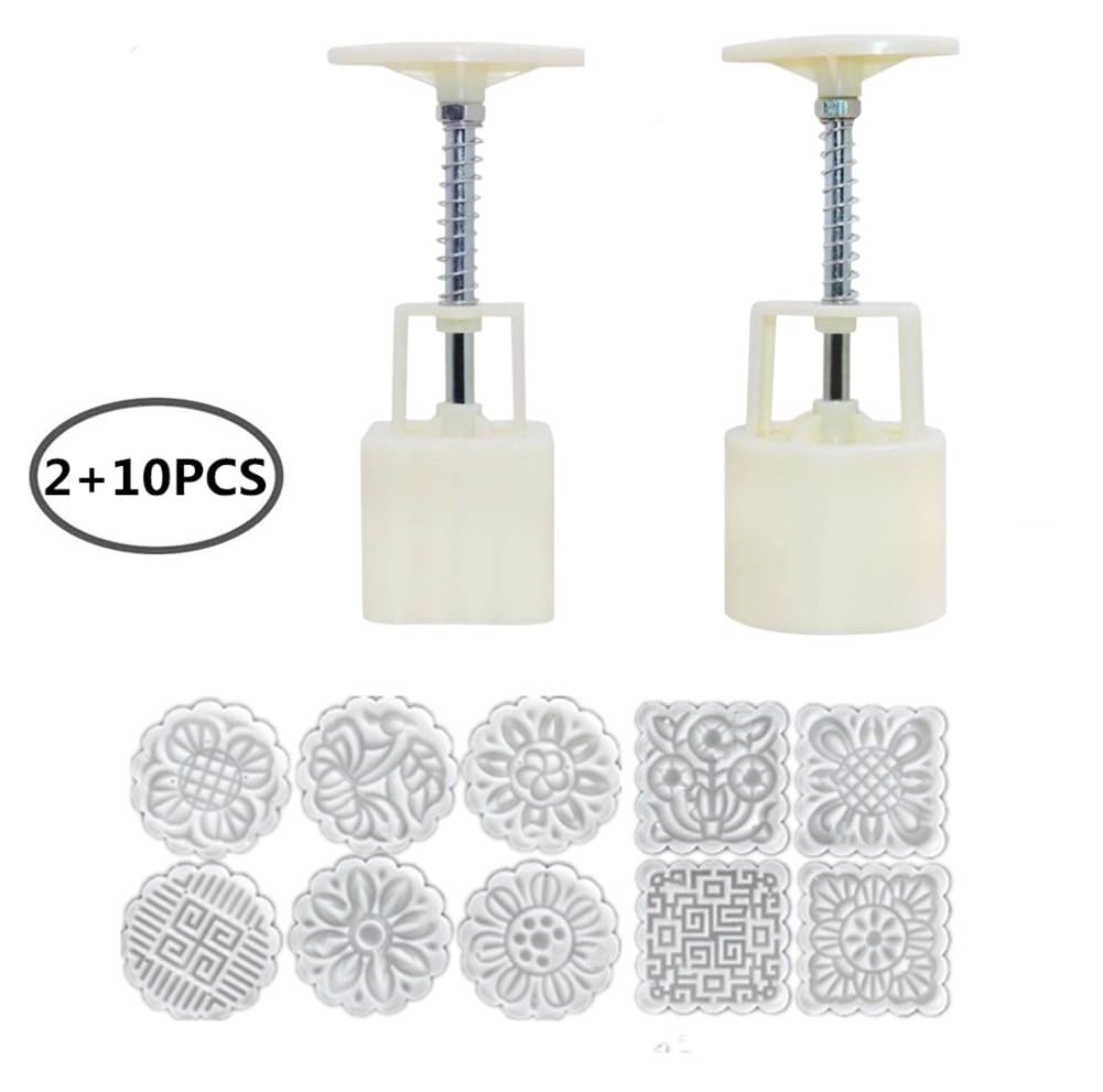 Accfore 2 Pack Mooncake Mold Press With 10 Stamps,Round Flower And Square Flower Decoration Tools For Moon Cake Baking Diy Cooki