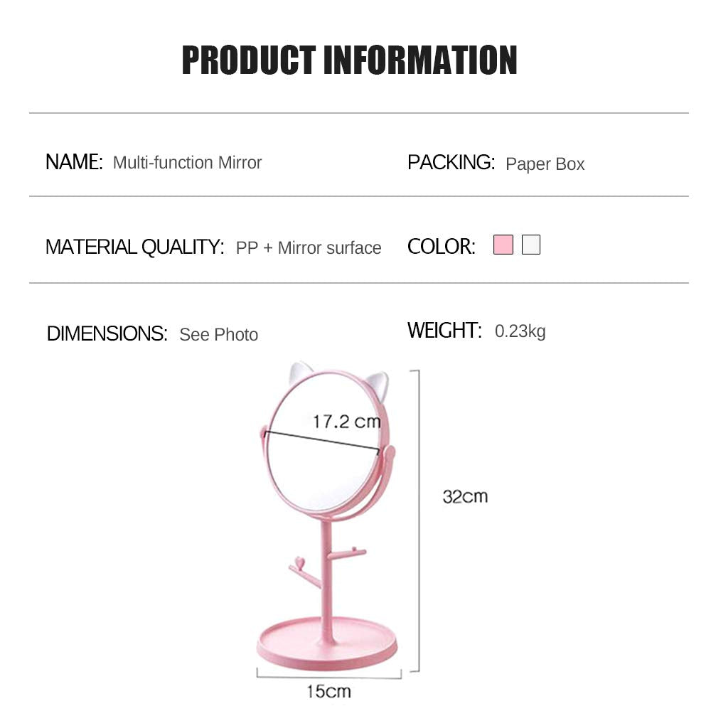 Louphee Desk Mirror In Cute Cat Ears Shape-Kawaii &Vanity Mirror For You In Bathroom Or Bedroom- Pink