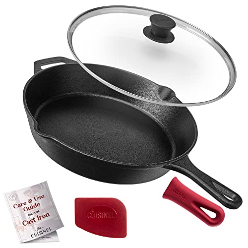 Cuisinel Cast Iron Skillet With Lid - 12''-Inch Frying Pan + Glass Lid + Heat-Resistant Handle Cover - Pre-Seasoned Oven Safe Co