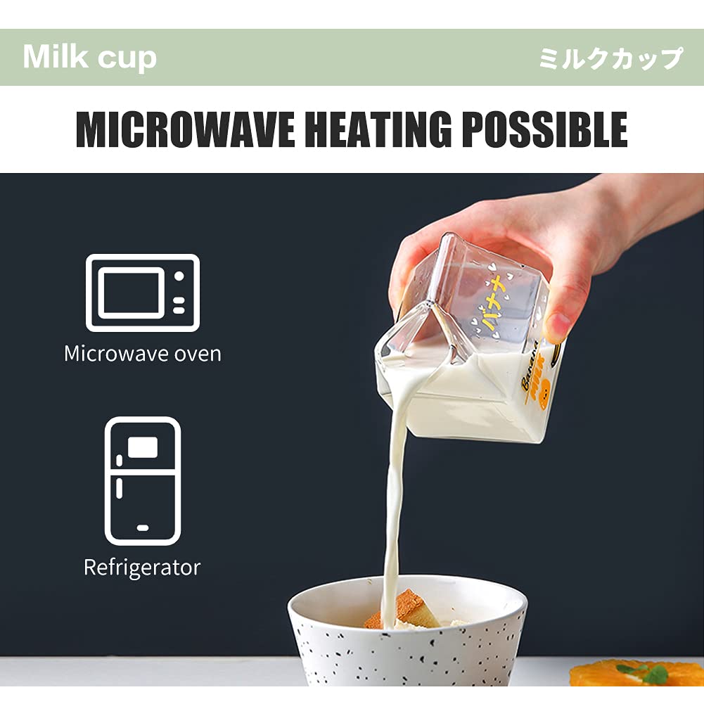 Blsky Kawaii Glass Milk Carton Cup Microwavable 12 Oz Cute Milk Cups Mini Creamer Container Strawberry Square Breakfast Mug Glas